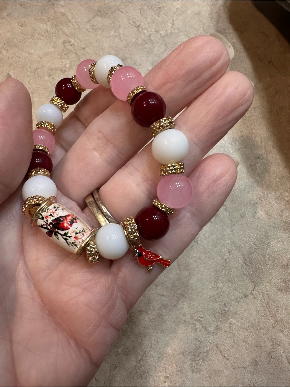 Handcrafted Pink White & Burgundy Beaded cardinal Bracelet with Gold Accents